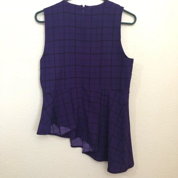 ELLE Womens Medium Sleeveless Peplum Asymmetrical Top Blouse Purple Checkers NWT - Picture 11 of 16